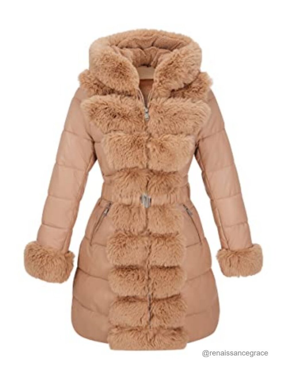 Women's Faux Leather Quilted Puffer Coat Hooded Faux Fur Trim Belted Winter